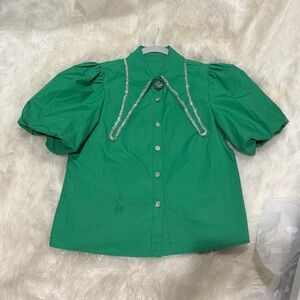 Green Button Down Shirt with Puff Sleeves